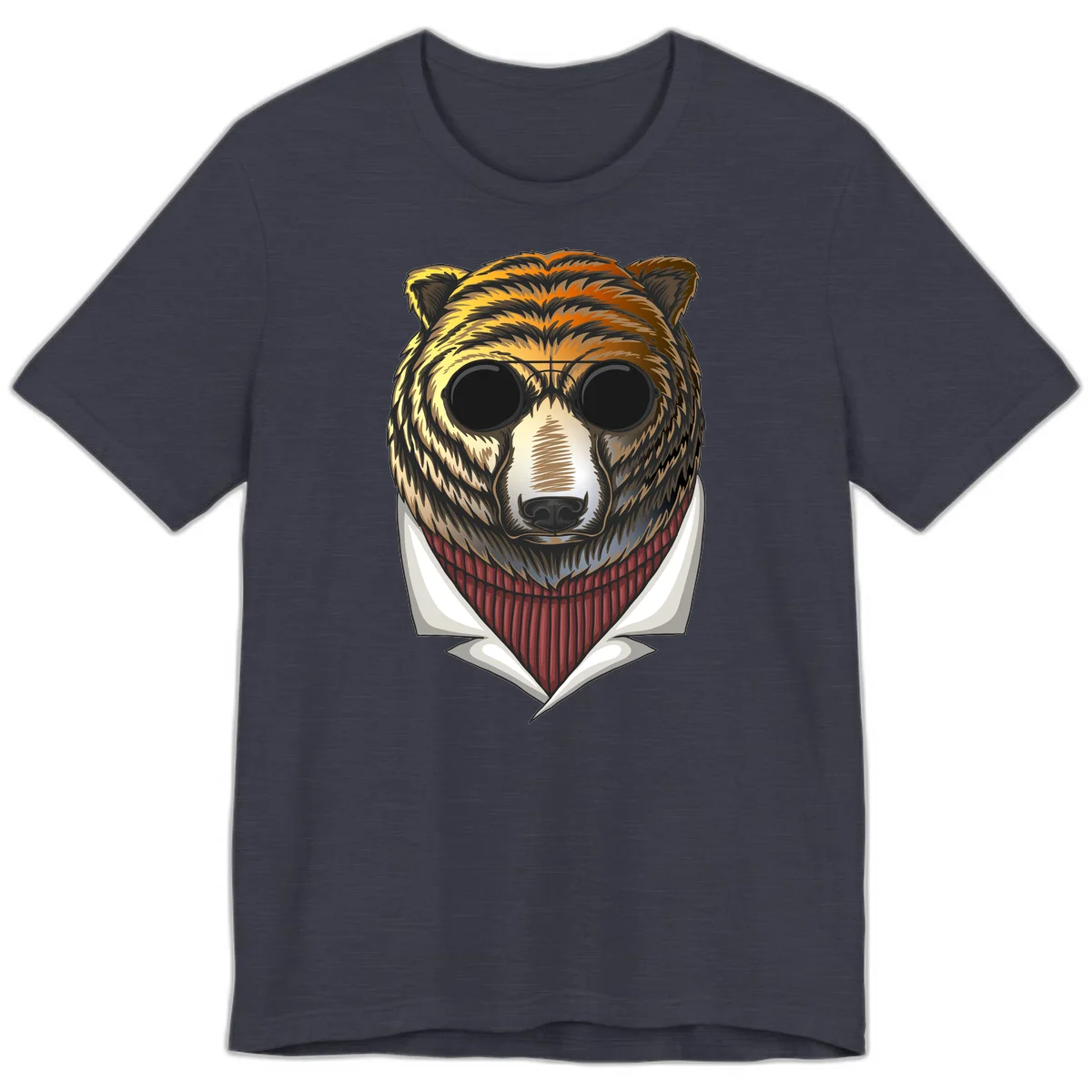 Cool bear wearing dark sunglasses and red knit sweater with white collar, stylized illustration with yellow, orange, and brown fur tones in Heather Midnight Navy