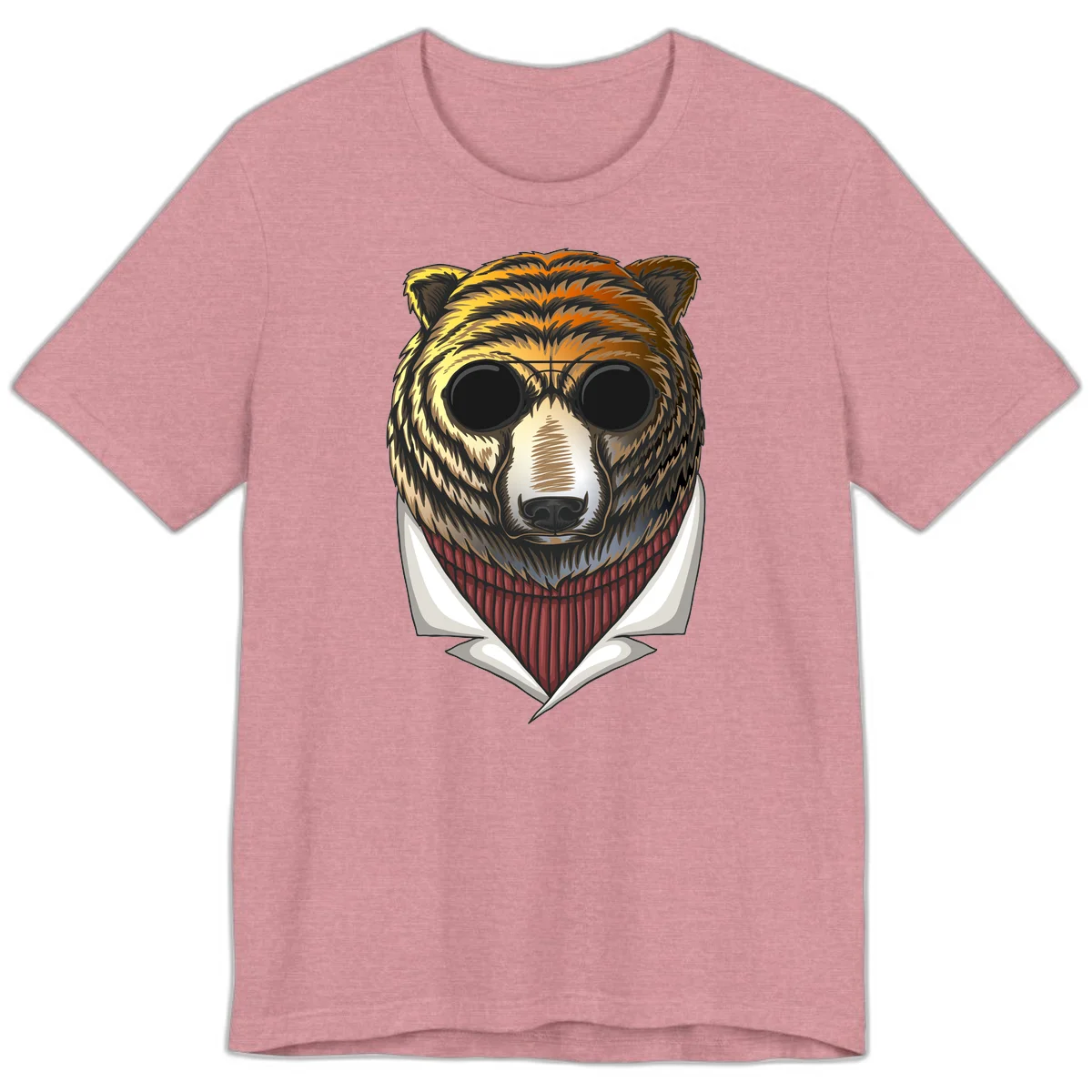 Cool bear wearing dark sunglasses and red knit sweater with white collar, stylized illustration with yellow, orange, and brown fur tones in Heather Orchid