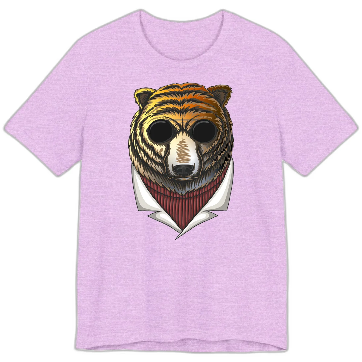 Cool bear wearing dark sunglasses and red knit sweater with white collar, stylized illustration with yellow, orange, and brown fur tones in Heather Prism Lilac
