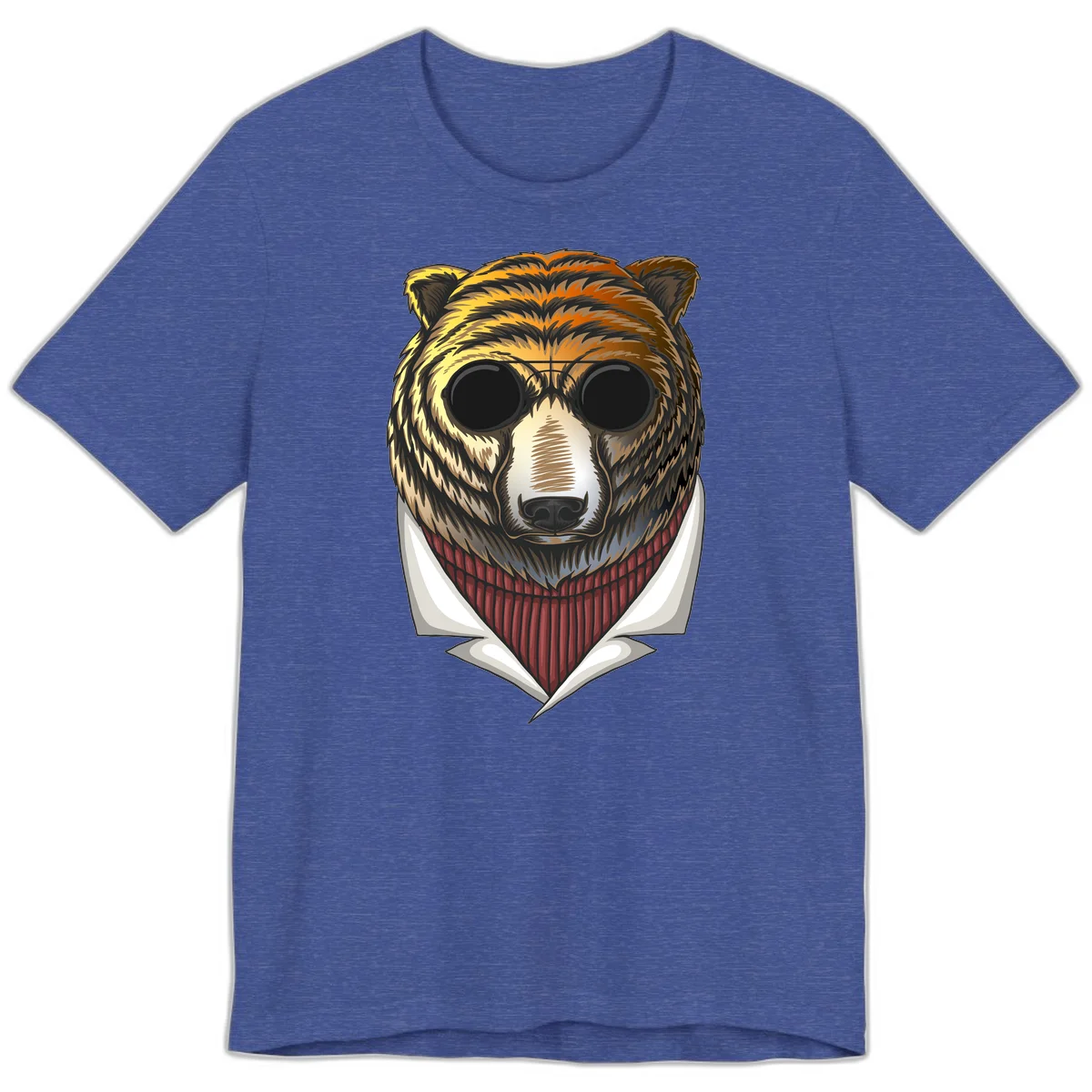 Cool bear wearing dark sunglasses and red knit sweater with white collar, stylized illustration with yellow, orange, and brown fur tones in Heather True Royal