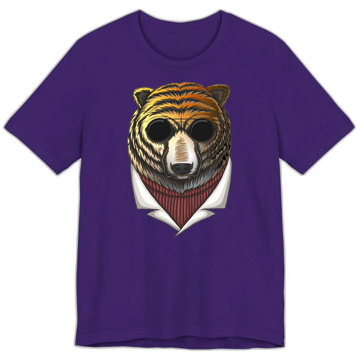 Cool bear wearing dark sunglasses and red knit sweater with white collar, stylized illustration with yellow, orange, and brown fur tones in Team Purple