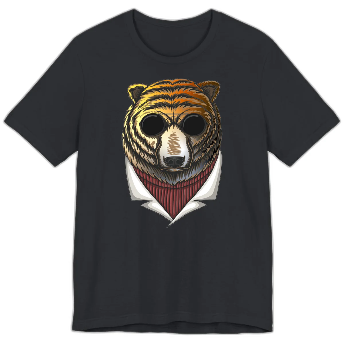 Cool bear wearing dark sunglasses and red knit sweater with white collar, stylized illustration with yellow, orange, and brown fur tones in Vintage Black