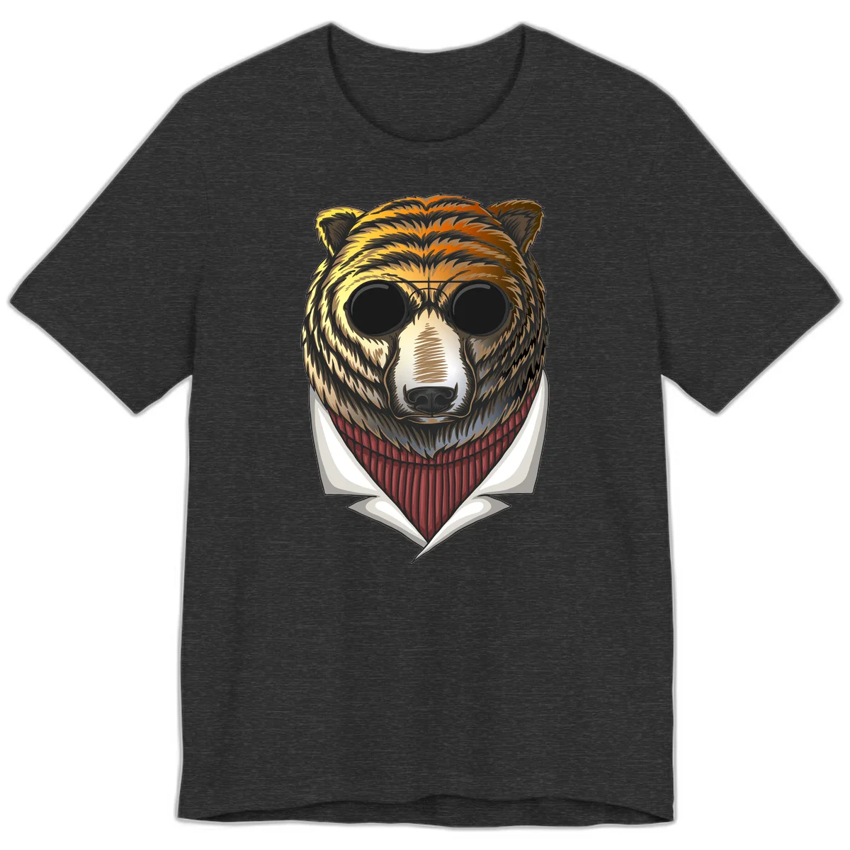 Cool bear wearing dark sunglasses and red knit sweater with white collar, stylized illustration with yellow, orange, and brown fur tones in Dark Grey Heather