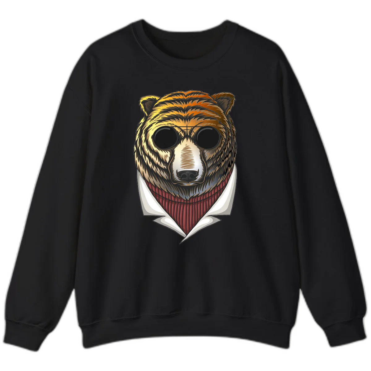 Cool bear wearing dark sunglasses and red knit sweater with white collar, stylized illustration with yellow, orange, and brown fur tones in Black