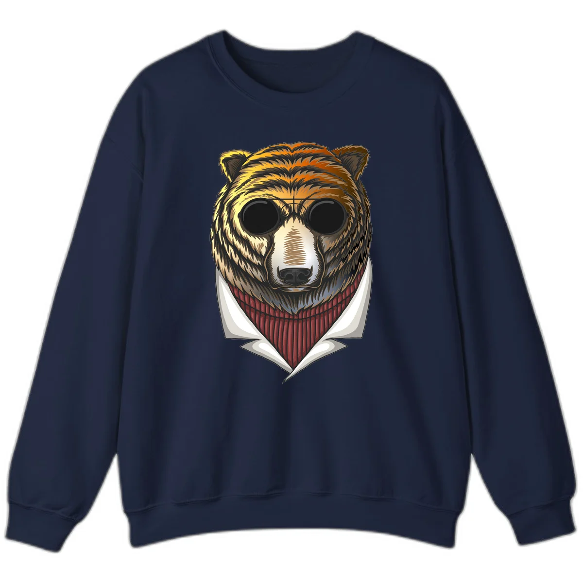 Cool bear wearing dark sunglasses and red knit sweater with white collar, stylized illustration with yellow, orange, and brown fur tones in Navy
