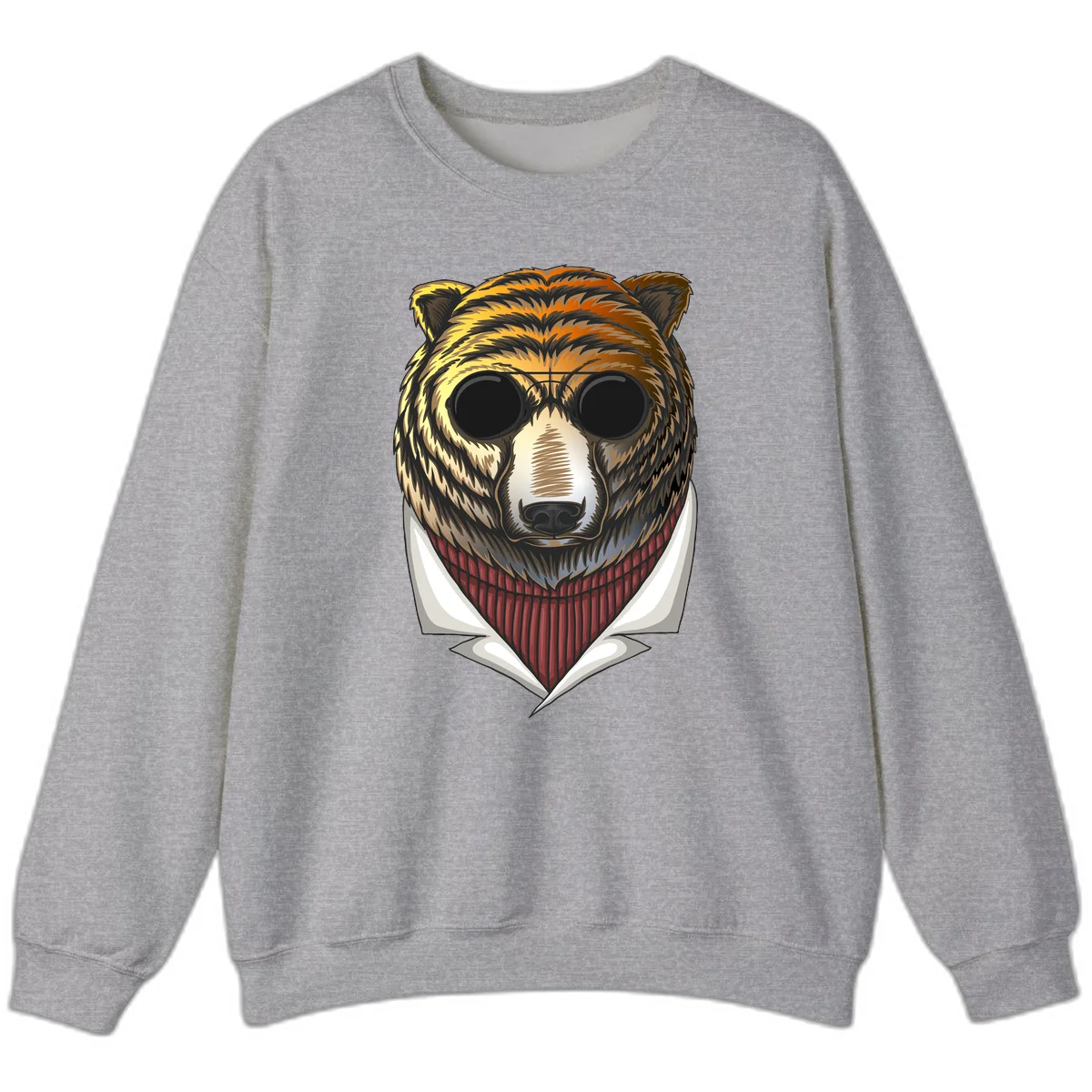 Cool bear wearing dark sunglasses and red knit sweater with white collar, stylized illustration with yellow, orange, and brown fur tones in Sport Grey