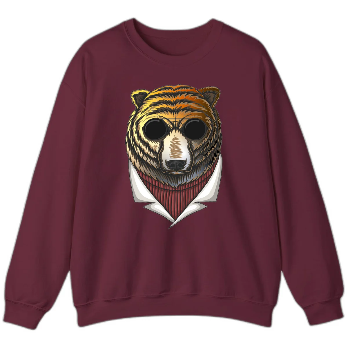 Cool bear wearing dark sunglasses and red knit sweater with white collar, stylized illustration with yellow, orange, and brown fur tones in Maroon