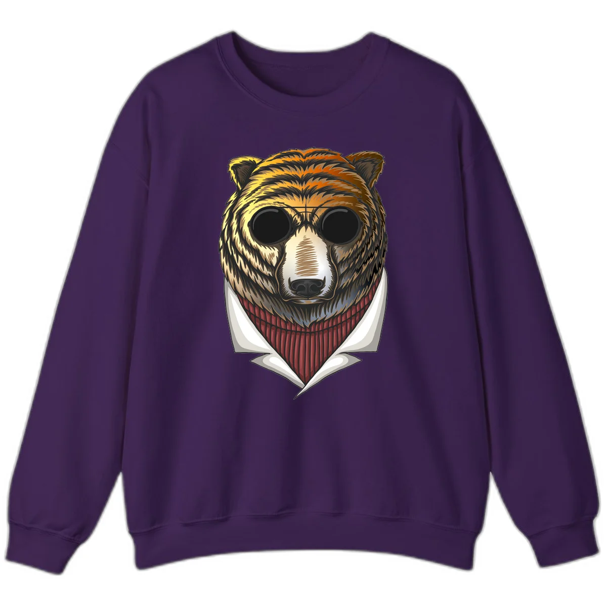 Cool bear wearing dark sunglasses and red knit sweater with white collar, stylized illustration with yellow, orange, and brown fur tones in Purple