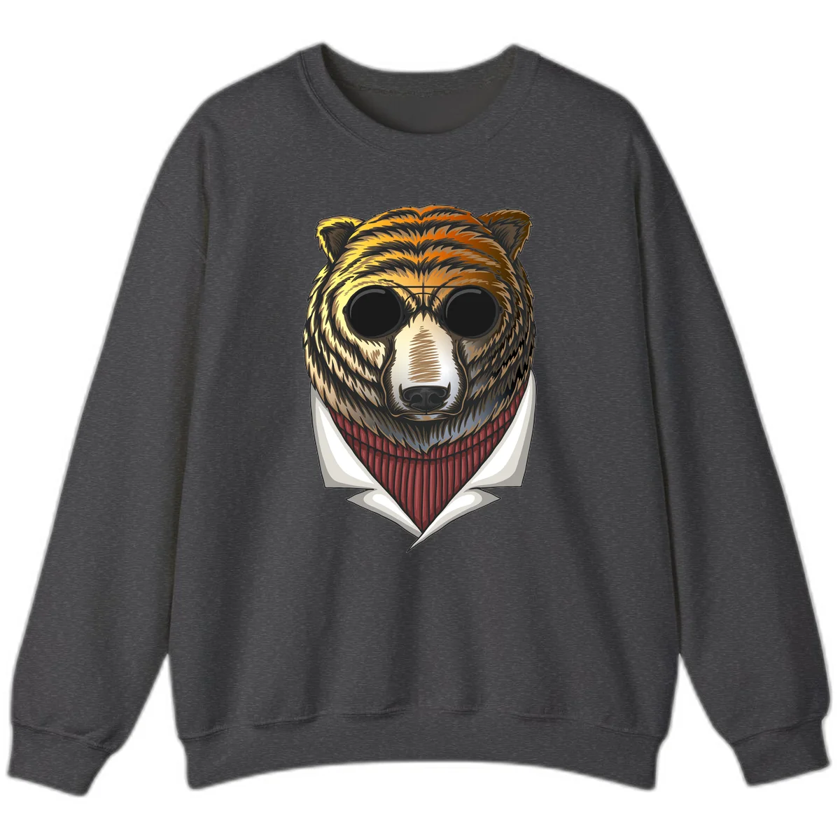Cool bear wearing dark sunglasses and red knit sweater with white collar, stylized illustration with yellow, orange, and brown fur tones in Dark Heather