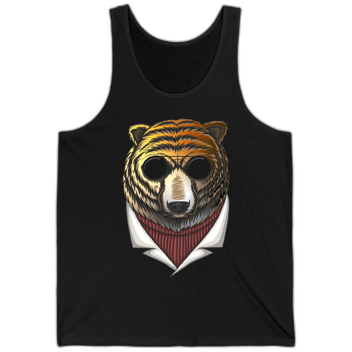 Cool bear wearing dark sunglasses and red knit sweater with white collar, stylized illustration with yellow, orange, and brown fur tones in Black