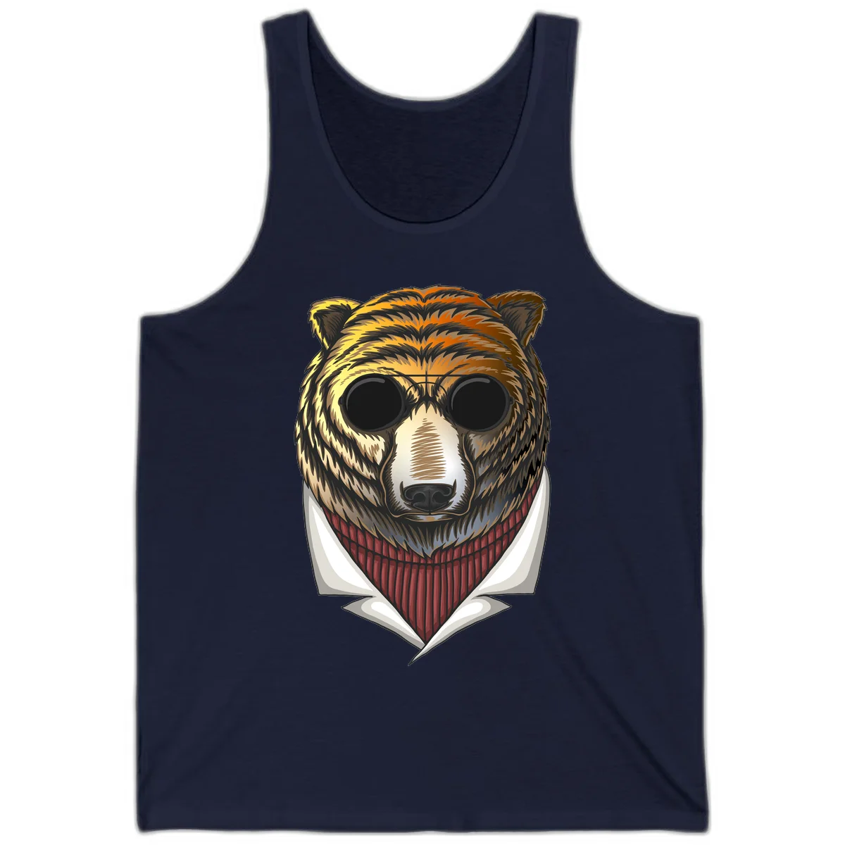 Cool bear wearing dark sunglasses and red knit sweater with white collar, stylized illustration with yellow, orange, and brown fur tones in Navy