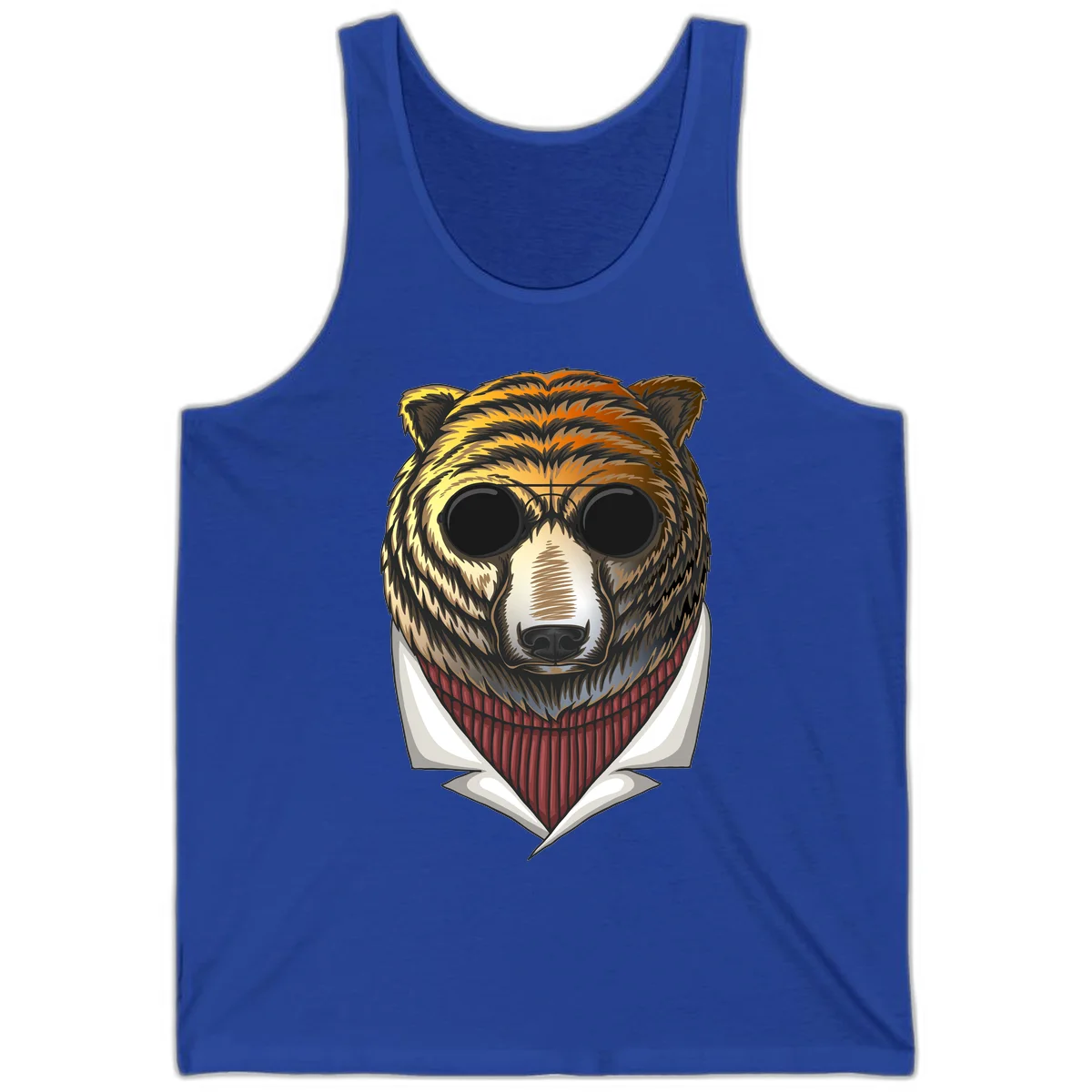 Cool bear wearing dark sunglasses and red knit sweater with white collar, stylized illustration with yellow, orange, and brown fur tones in True Royal