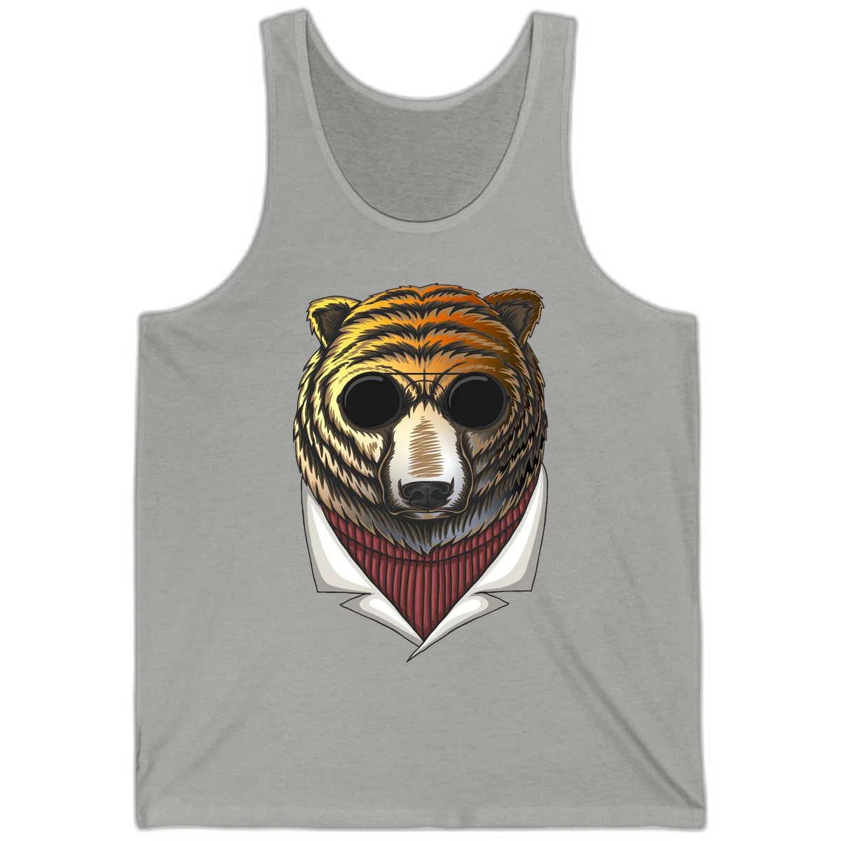 Cool bear wearing dark sunglasses and red knit sweater with white collar, stylized illustration with yellow, orange, and brown fur tones in Athletic Heather