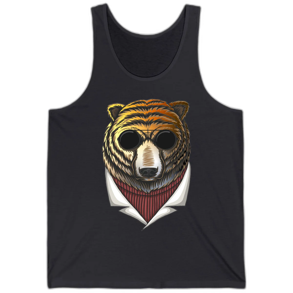 Cool bear wearing dark sunglasses and red knit sweater with white collar, stylized illustration with yellow, orange, and brown fur tones in Dark Grey