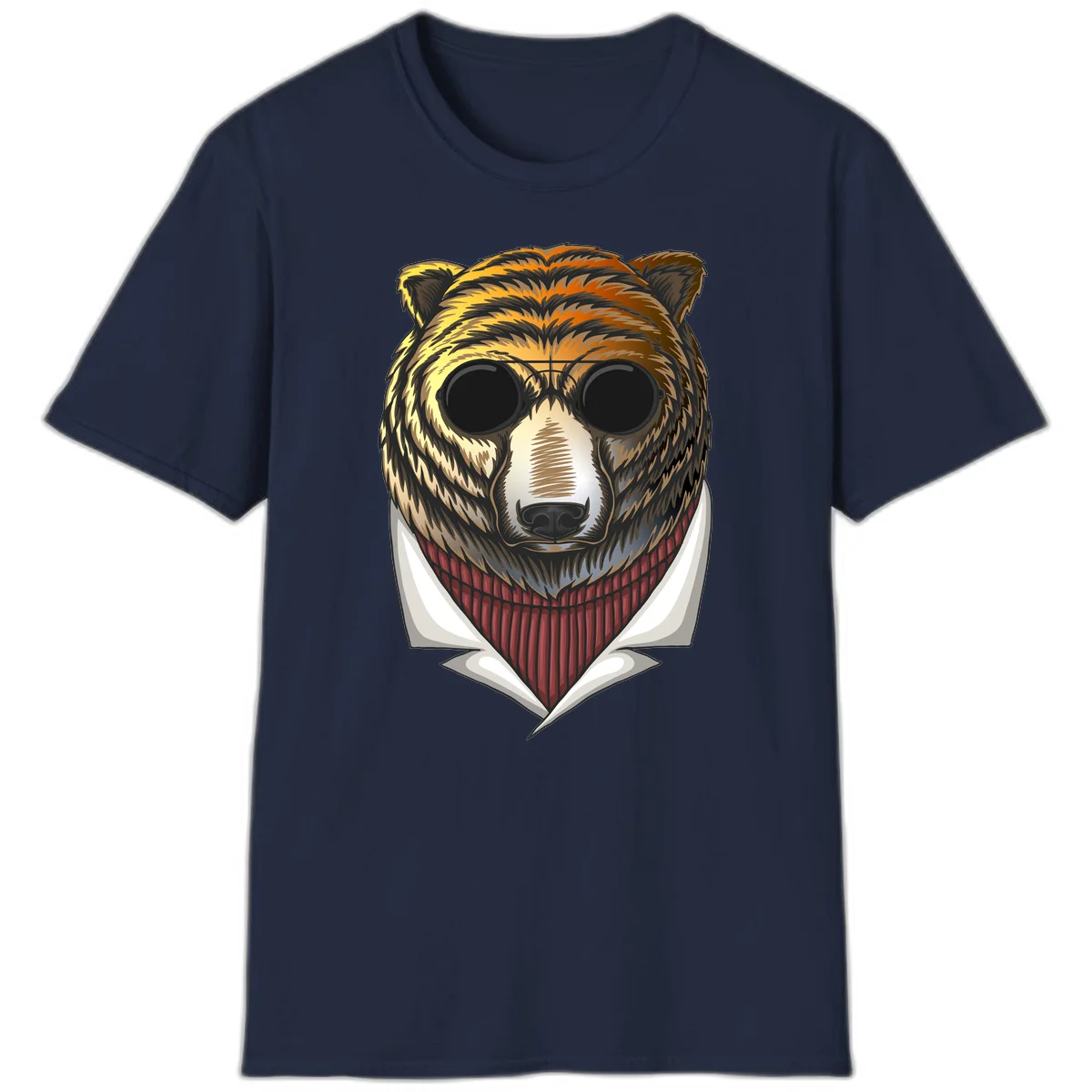 Cool bear wearing dark sunglasses and red knit sweater with white collar, stylized illustration with yellow, orange, and brown fur tones in Navy