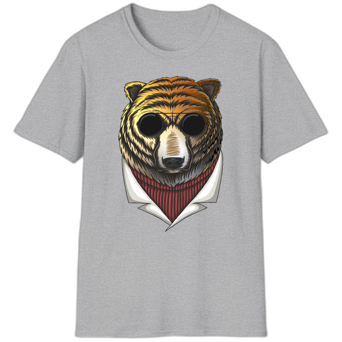 Cool bear wearing dark sunglasses and red knit sweater with white collar, stylized illustration with yellow, orange, and brown fur tones in Sport Grey