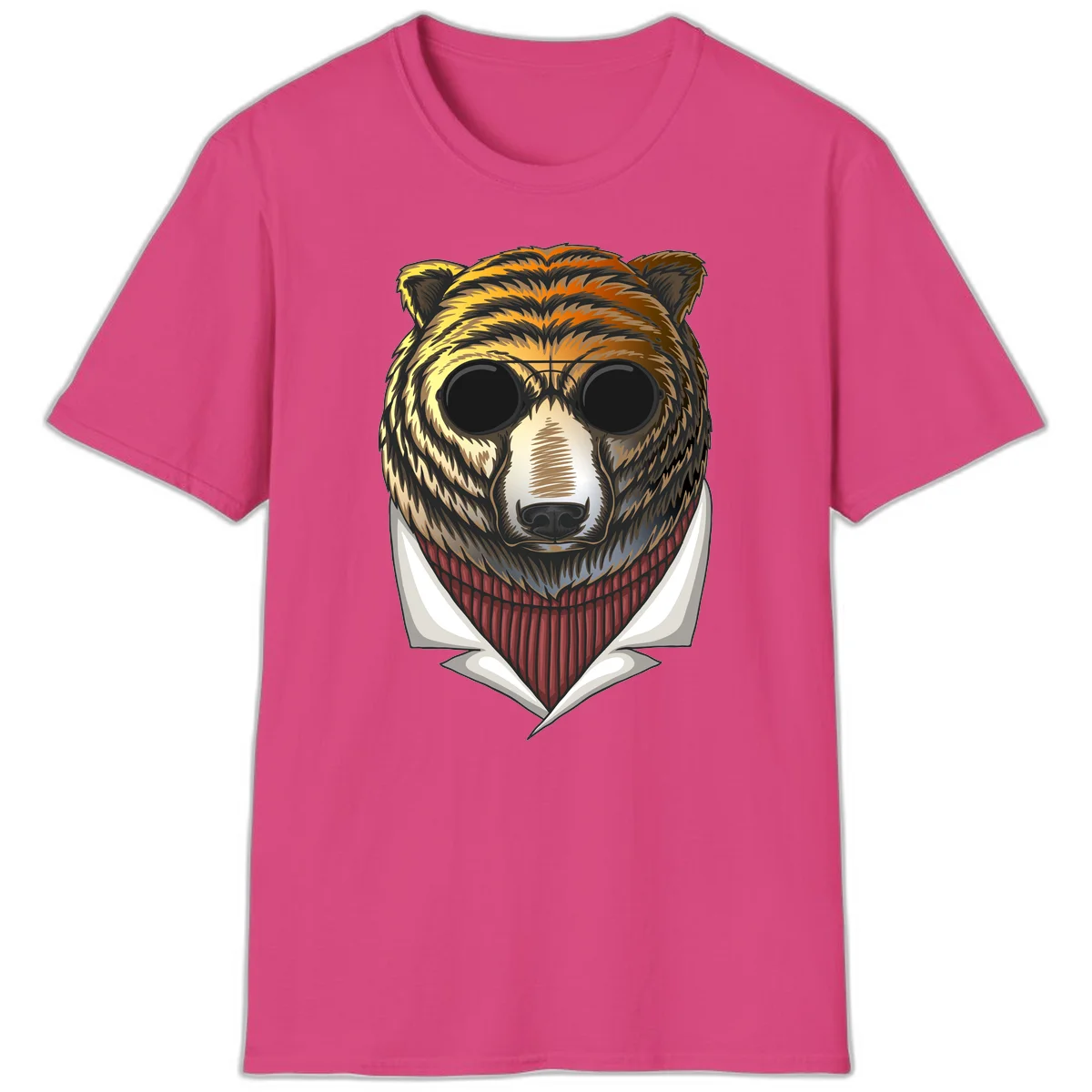 Cool bear wearing dark sunglasses and red knit sweater with white collar, stylized illustration with yellow, orange, and brown fur tones in Heliconia