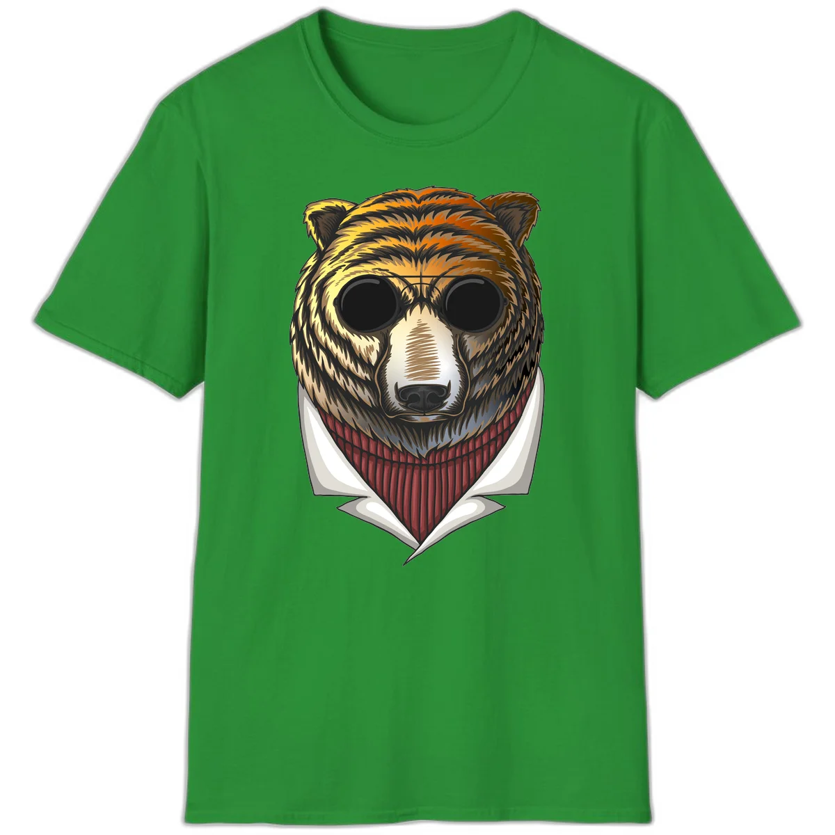 Cool bear wearing dark sunglasses and red knit sweater with white collar, stylized illustration with yellow, orange, and brown fur tones in Irish Green