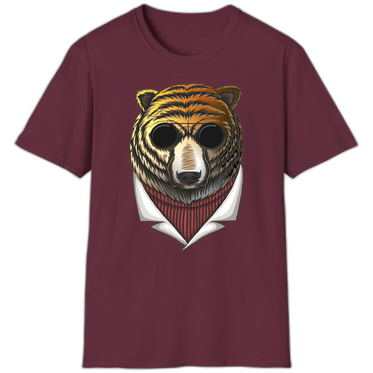 Cool bear wearing dark sunglasses and red knit sweater with white collar, stylized illustration with yellow, orange, and brown fur tones in Maroon
