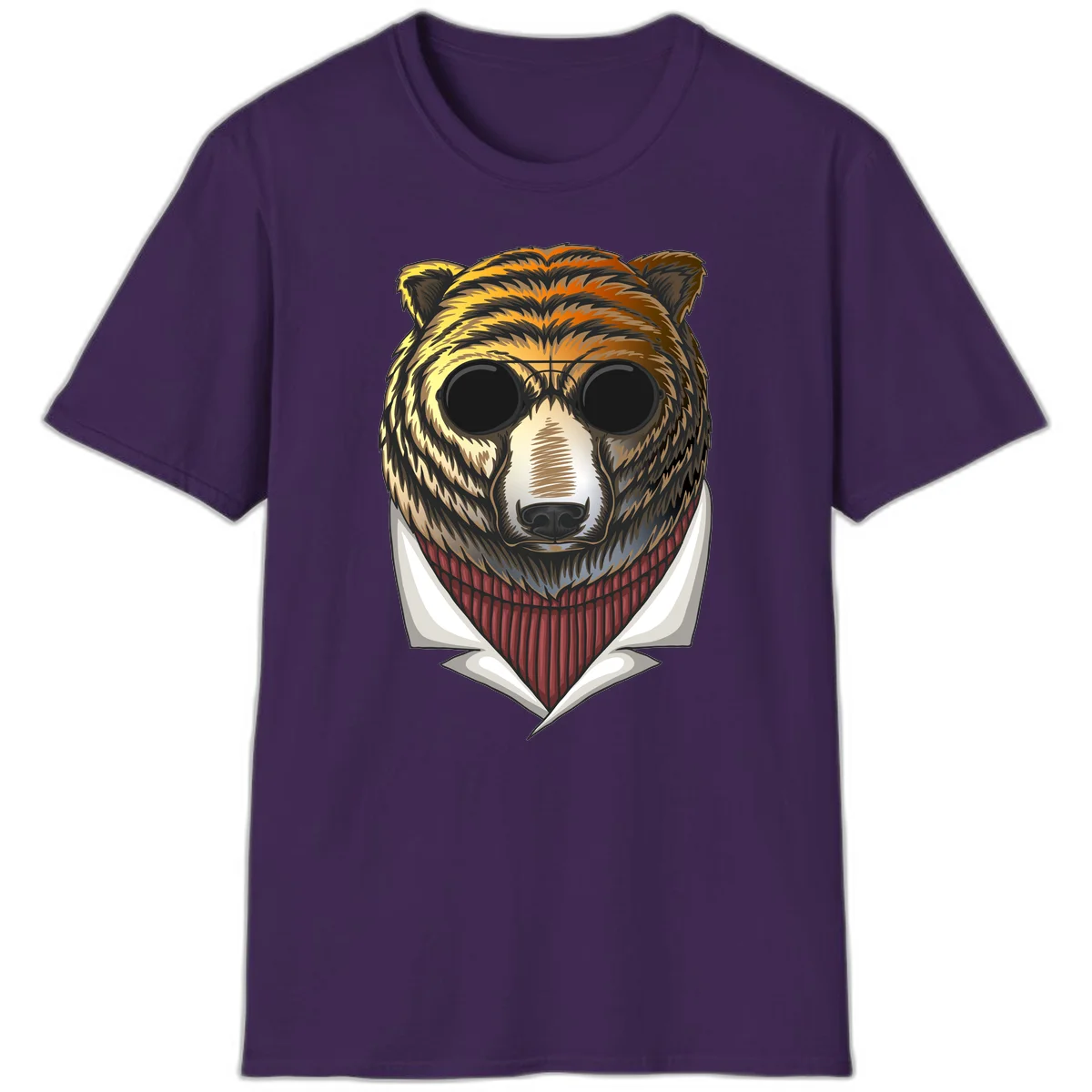 Cool bear wearing dark sunglasses and red knit sweater with white collar, stylized illustration with yellow, orange, and brown fur tones in Purple