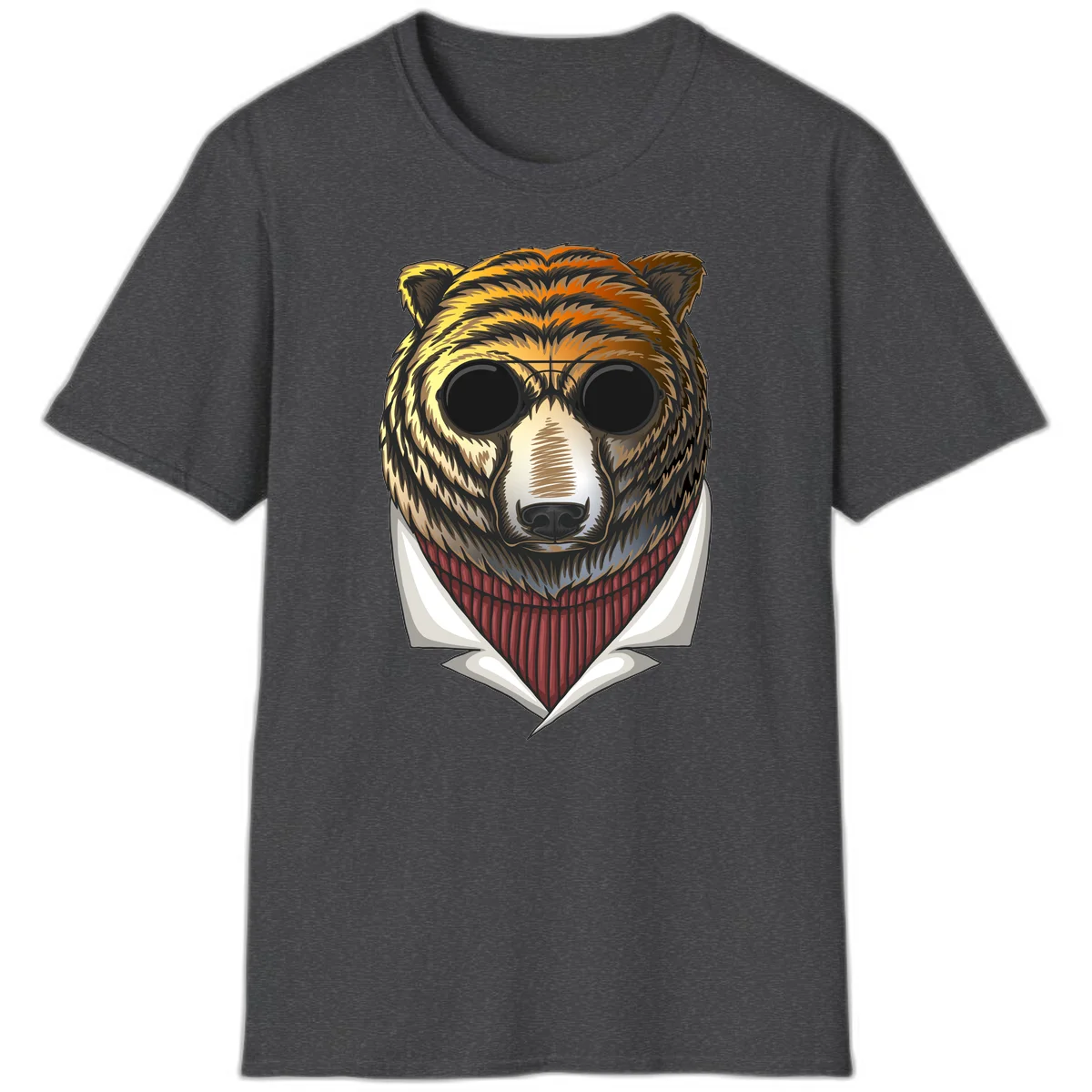 Cool bear wearing dark sunglasses and red knit sweater with white collar, stylized illustration with yellow, orange, and brown fur tones in Dark Heather