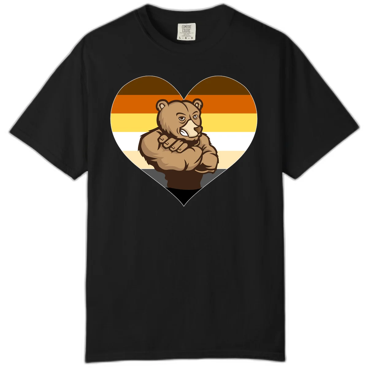 Muscular cartoon bear centered in heart shape with brown, orange, yellow, white, and tan horizontal stripes representing the bear pride flag in Black
