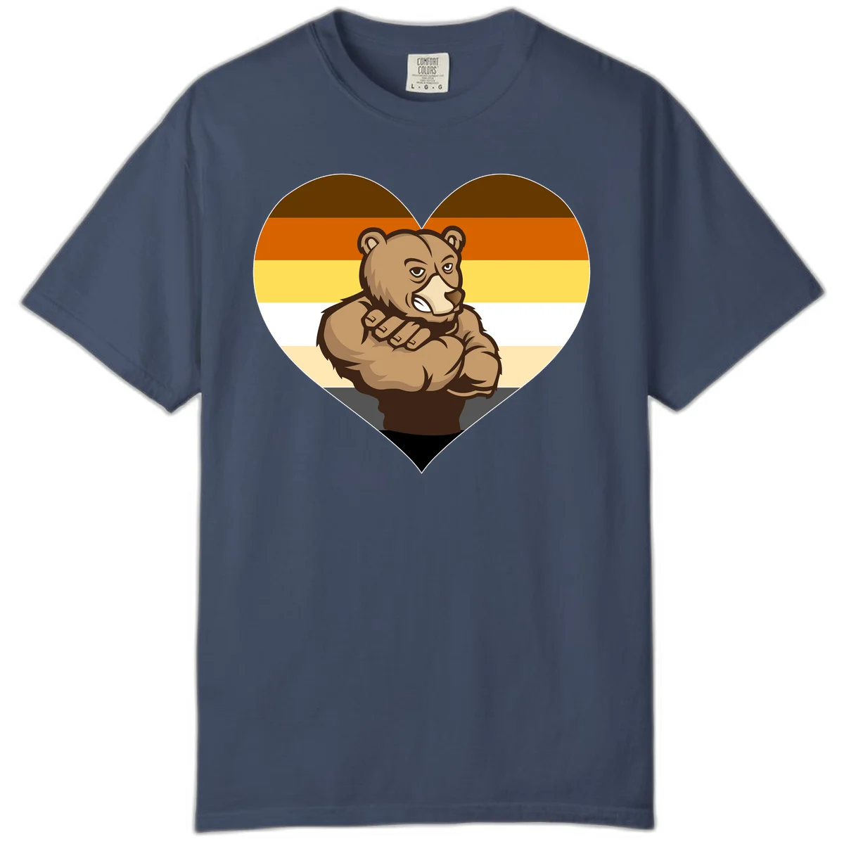 Muscular cartoon bear centered in heart shape with brown, orange, yellow, white, and tan horizontal stripes representing the bear pride flag in Midnight