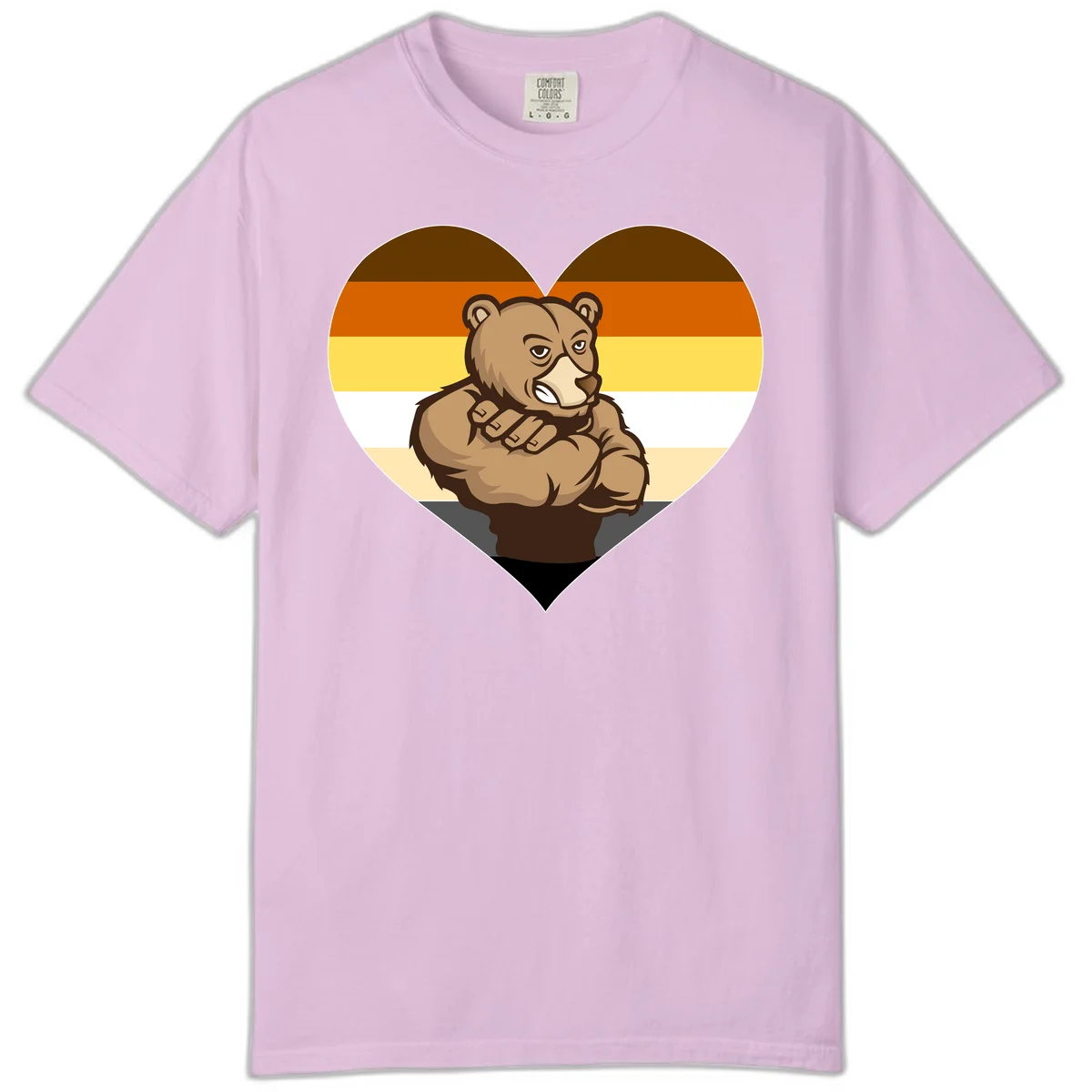 Muscular cartoon bear centered in heart shape with brown, orange, yellow, white, and tan horizontal stripes representing the bear pride flag in Orchid