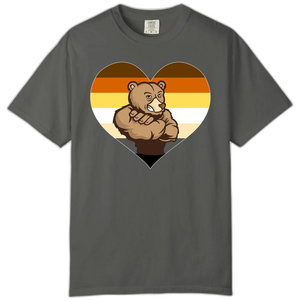 Muscular cartoon bear centered in heart shape with brown, orange, yellow, white, and tan horizontal stripes representing the bear pride flag in Pepper