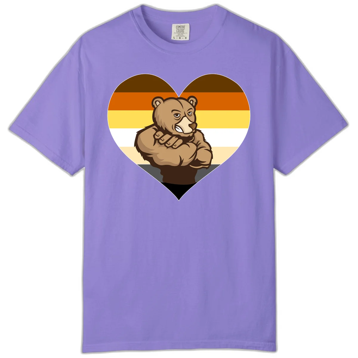 Muscular cartoon bear centered in heart shape with brown, orange, yellow, white, and tan horizontal stripes representing the bear pride flag in Violet