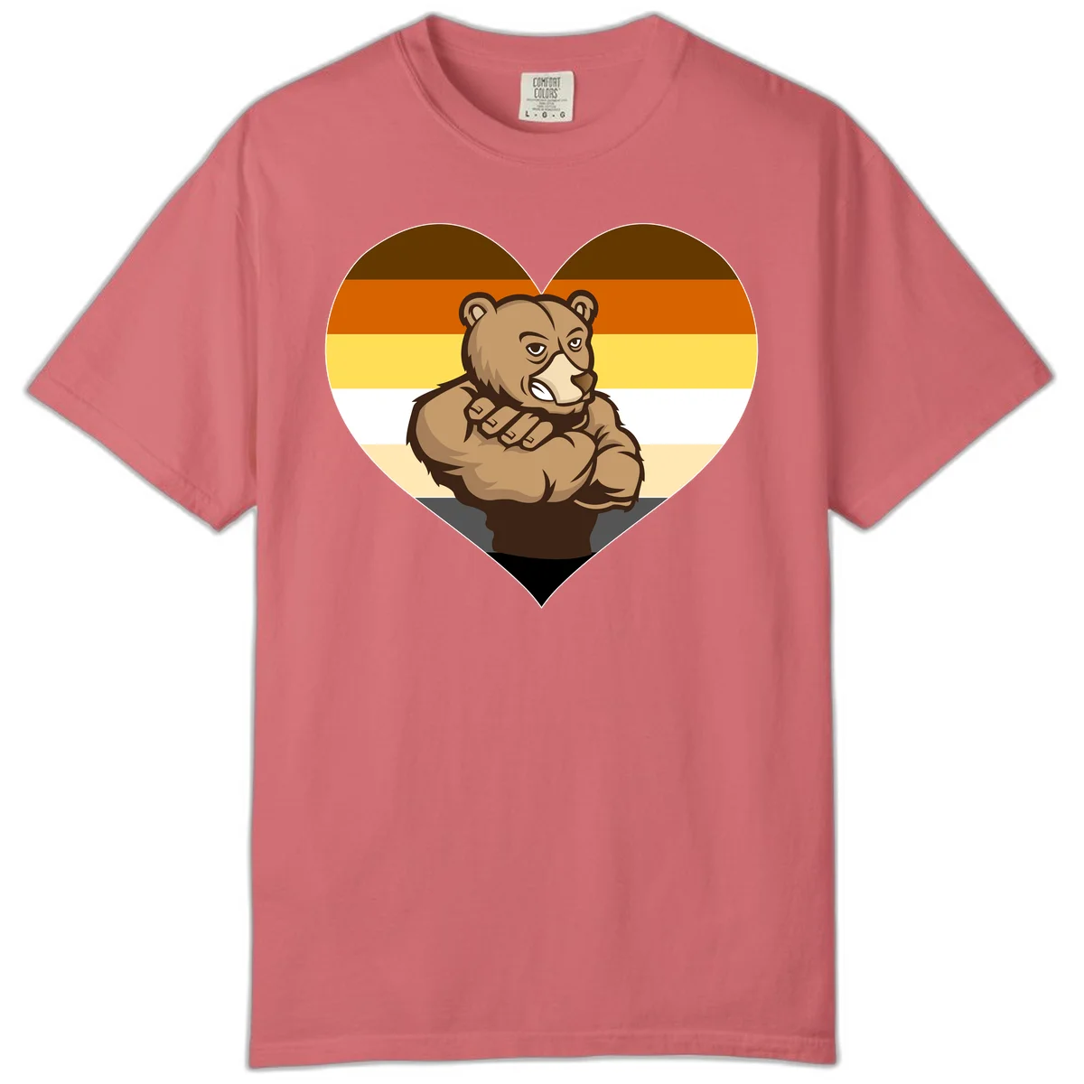 Muscular cartoon bear centered in heart shape with brown, orange, yellow, white, and tan horizontal stripes representing the bear pride flag in Watermelon