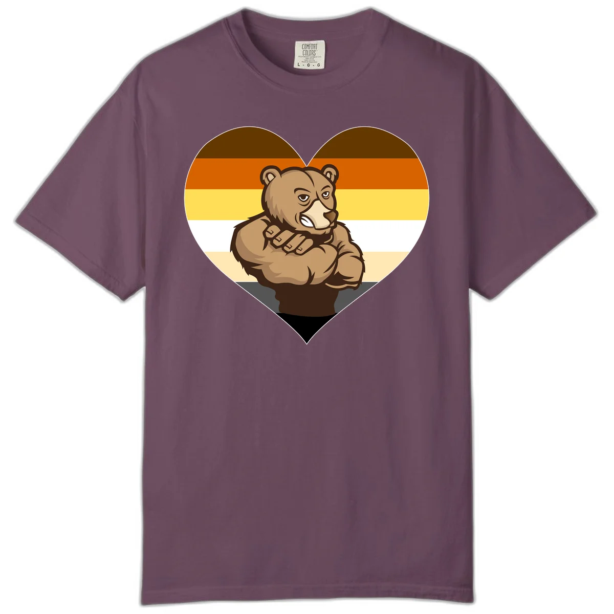 Muscular cartoon bear centered in heart shape with brown, orange, yellow, white, and tan horizontal stripes representing the bear pride flag in Berry