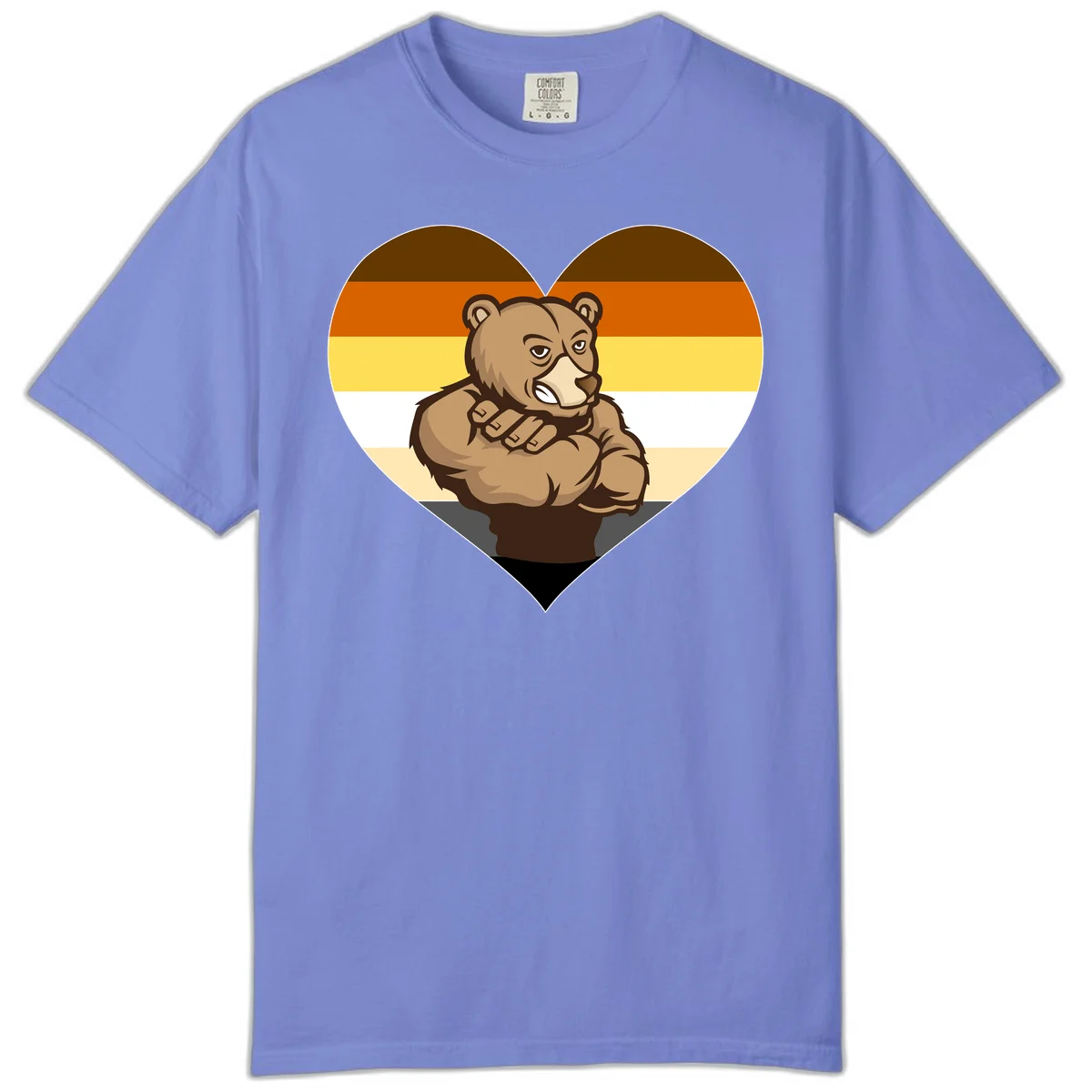 Muscular cartoon bear centered in heart shape with brown, orange, yellow, white, and tan horizontal stripes representing the bear pride flag in Flo Blue