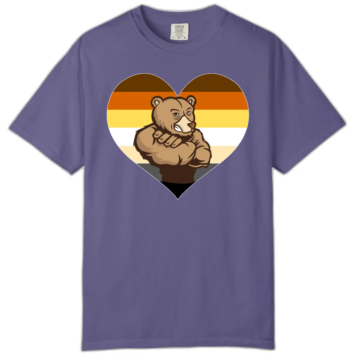 Muscular cartoon bear centered in heart shape with brown, orange, yellow, white, and tan horizontal stripes representing the bear pride flag in Grape
