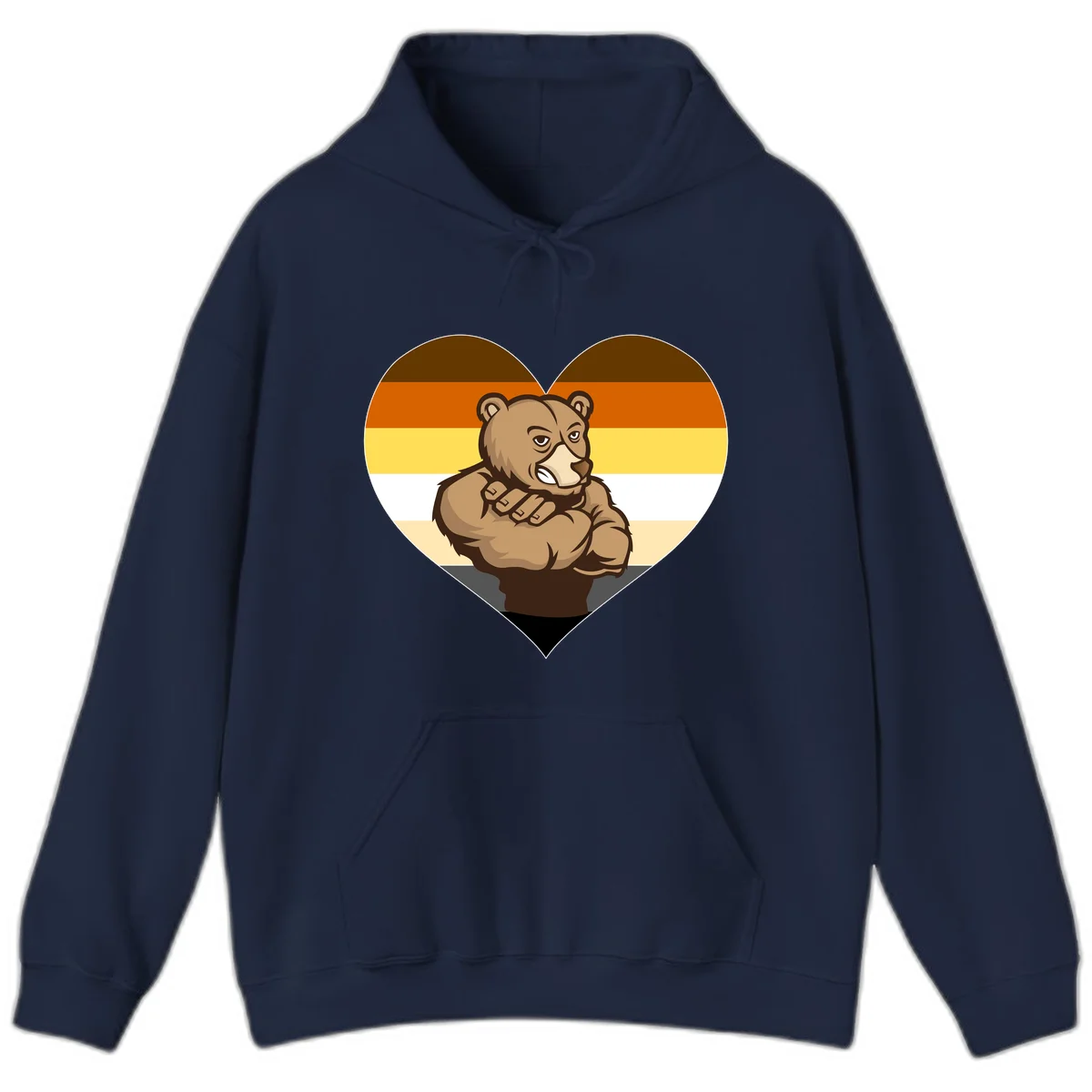 Muscular cartoon bear centered in heart shape with brown, orange, yellow, white, and tan horizontal stripes representing the bear pride flag in Navy