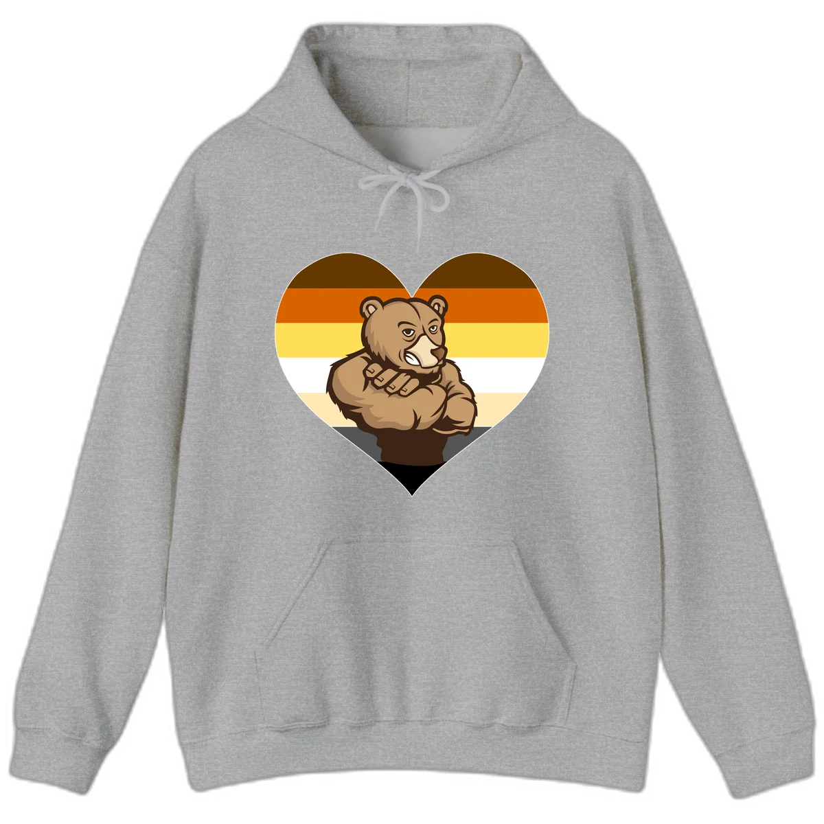 Muscular cartoon bear centered in heart shape with brown, orange, yellow, white, and tan horizontal stripes representing the bear pride flag in Sport Grey