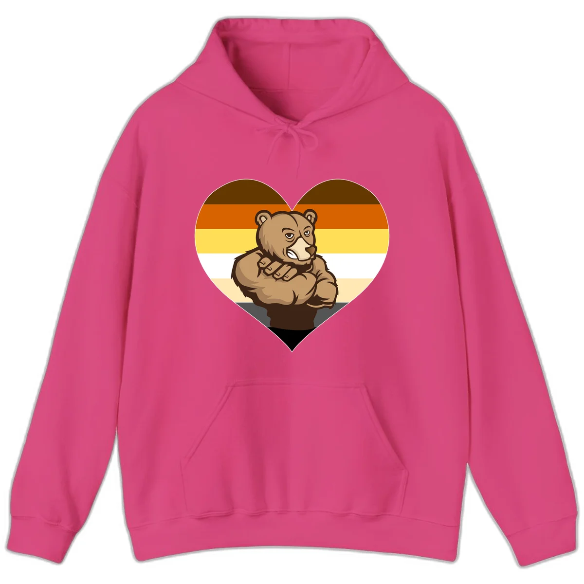 Muscular cartoon bear centered in heart shape with brown, orange, yellow, white, and tan horizontal stripes representing the bear pride flag in Heliconia
