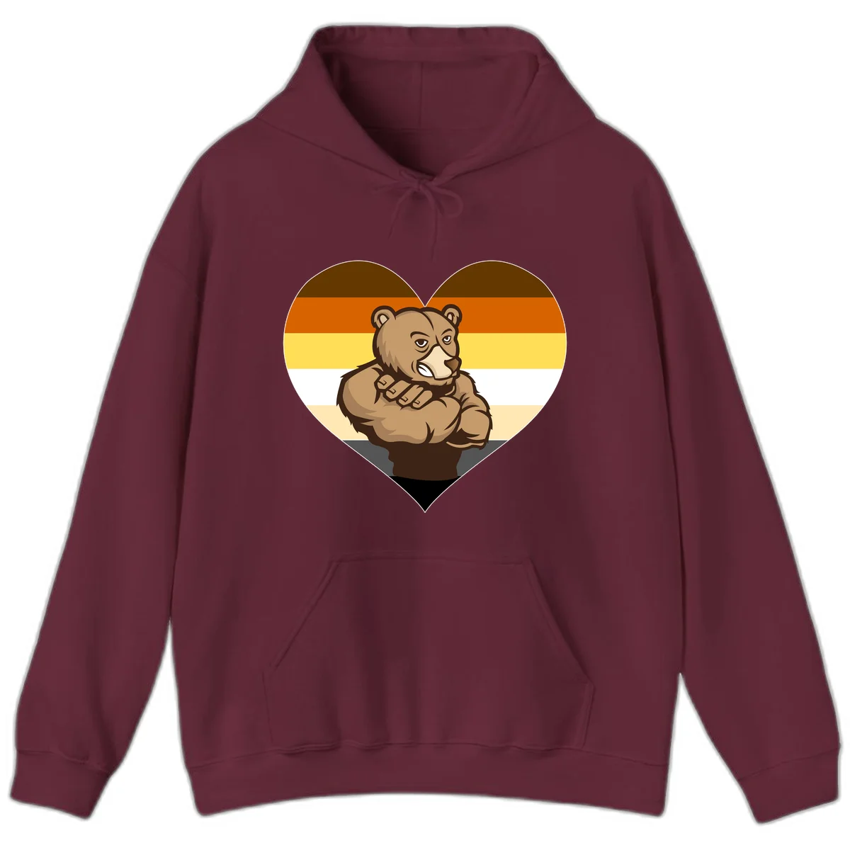 Muscular cartoon bear centered in heart shape with brown, orange, yellow, white, and tan horizontal stripes representing the bear pride flag in Maroon