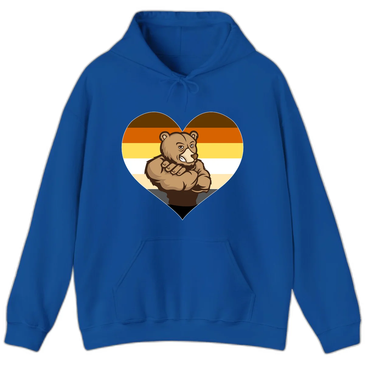 Muscular cartoon bear centered in heart shape with brown, orange, yellow, white, and tan horizontal stripes representing the bear pride flag in Royal