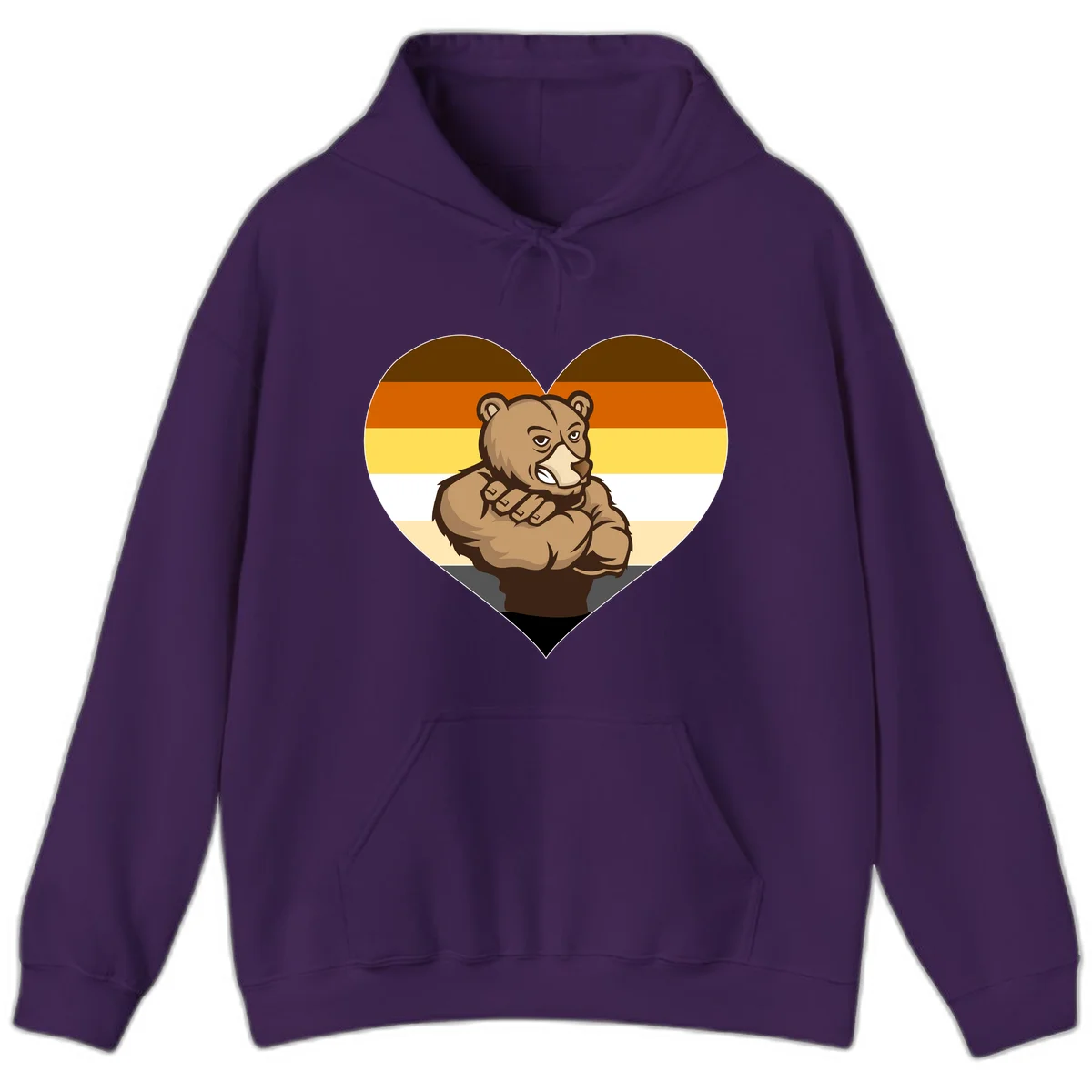 Muscular cartoon bear centered in heart shape with brown, orange, yellow, white, and tan horizontal stripes representing the bear pride flag in Purple