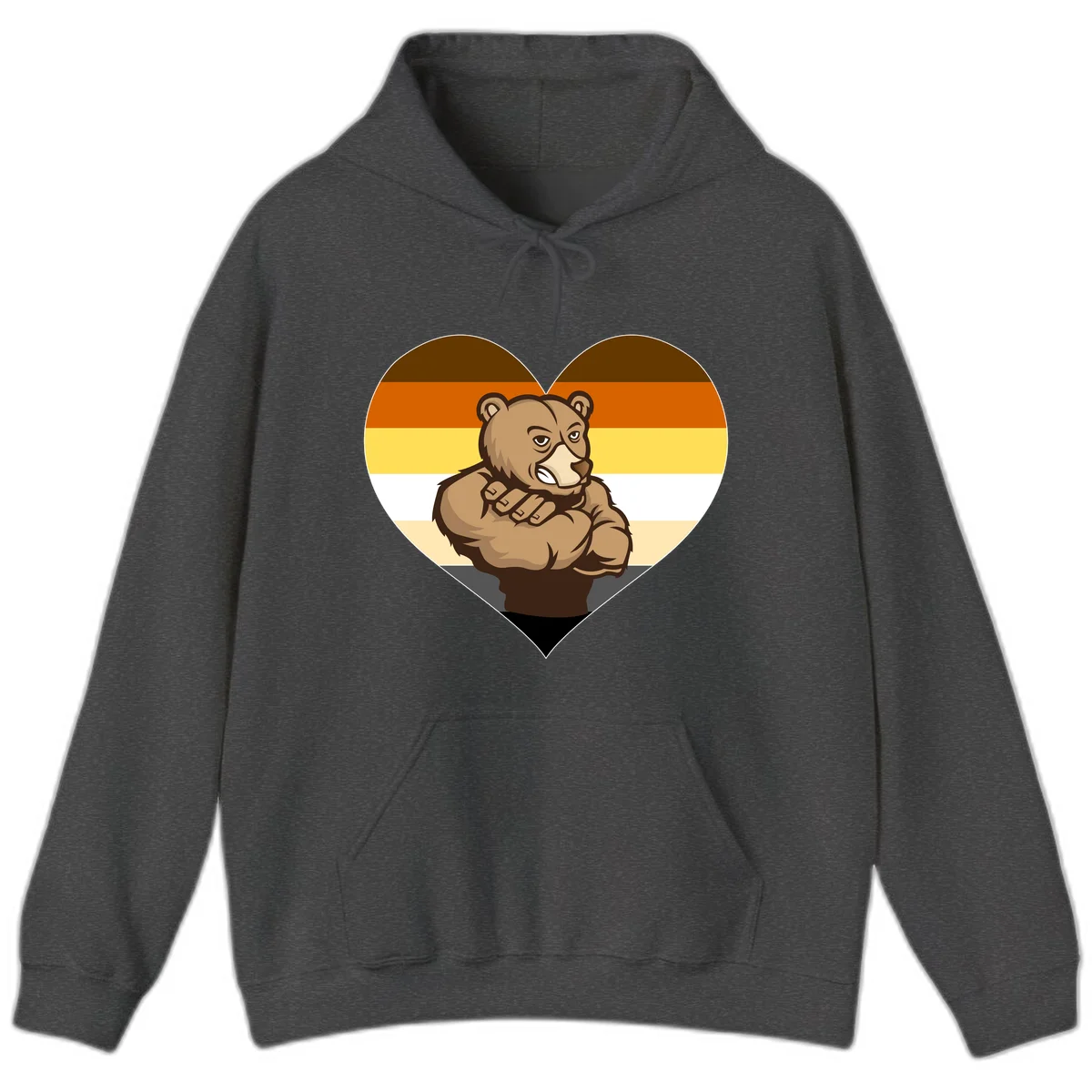 Muscular cartoon bear centered in heart shape with brown, orange, yellow, white, and tan horizontal stripes representing the bear pride flag in Dark Heather