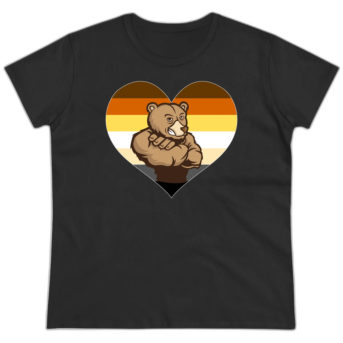Muscular cartoon bear centered in heart shape with brown, orange, yellow, white, and tan horizontal stripes representing the bear pride flag in Black