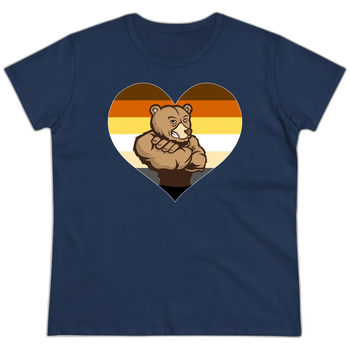 Muscular cartoon bear centered in heart shape with brown, orange, yellow, white, and tan horizontal stripes representing the bear pride flag in Navy