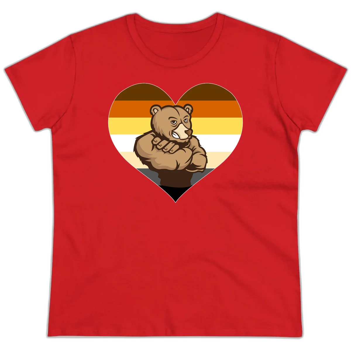 Muscular cartoon bear centered in heart shape with brown, orange, yellow, white, and tan horizontal stripes representing the bear pride flag in Red