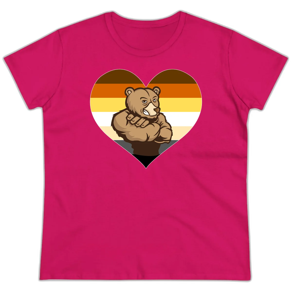 Muscular cartoon bear centered in heart shape with brown, orange, yellow, white, and tan horizontal stripes representing the bear pride flag in Heliconia