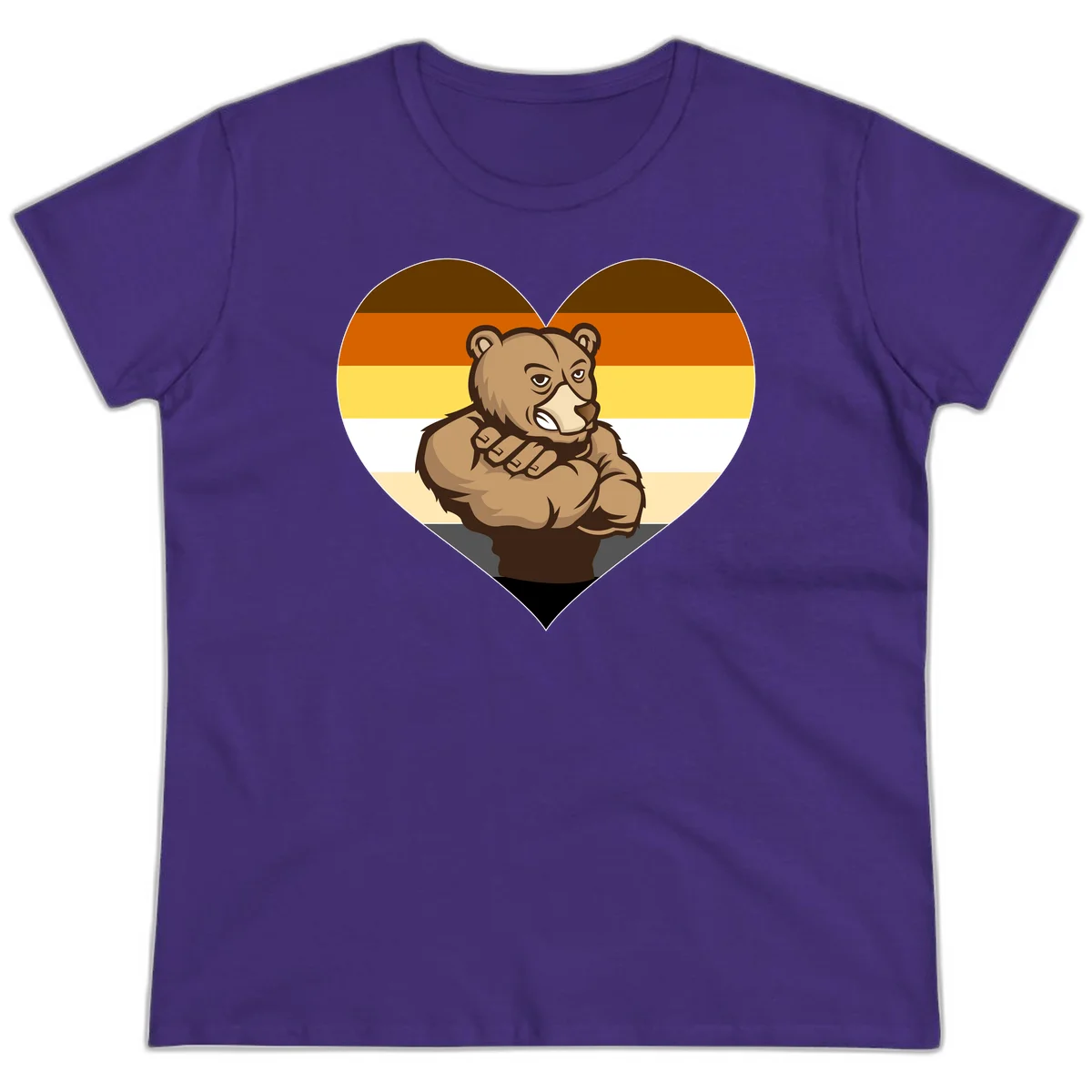 Muscular cartoon bear centered in heart shape with brown, orange, yellow, white, and tan horizontal stripes representing the bear pride flag in Purple