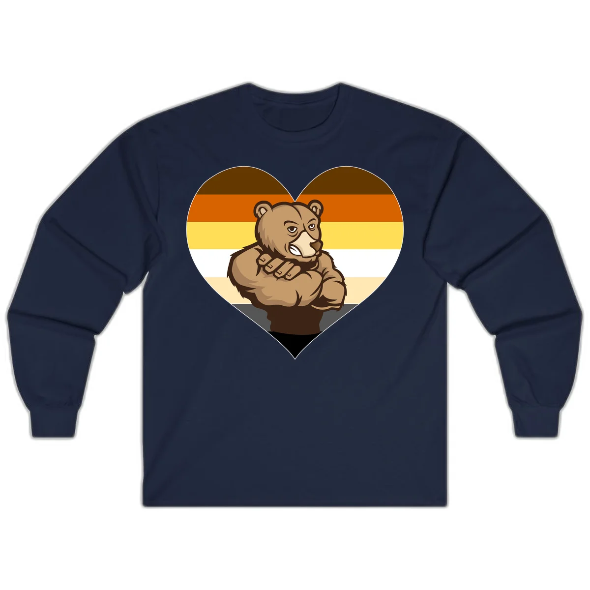 Muscular cartoon bear centered in heart shape with brown, orange, yellow, white, and tan horizontal stripes representing the bear pride flag in Navy