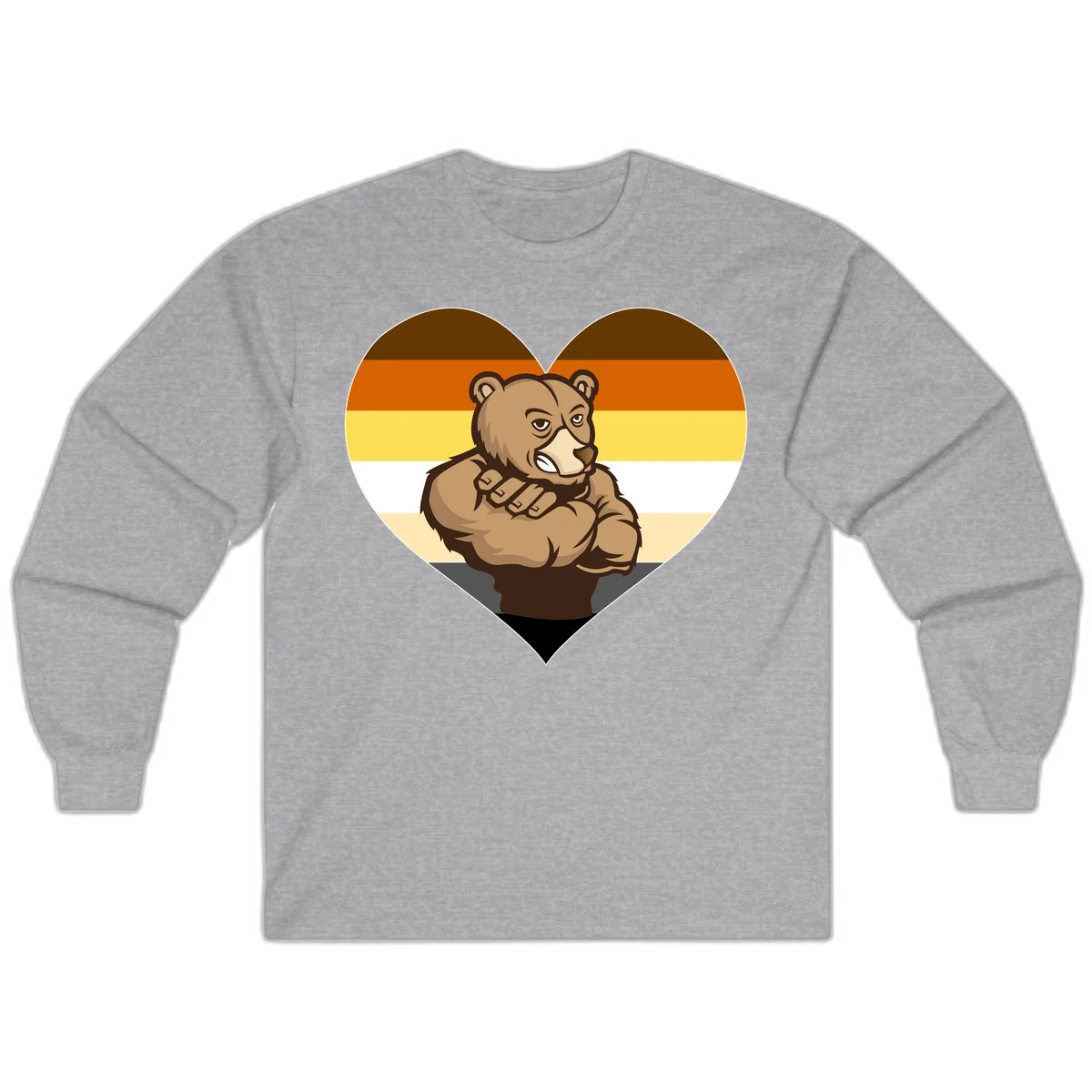 Muscular cartoon bear centered in heart shape with brown, orange, yellow, white, and tan horizontal stripes representing the bear pride flag in Sport Grey