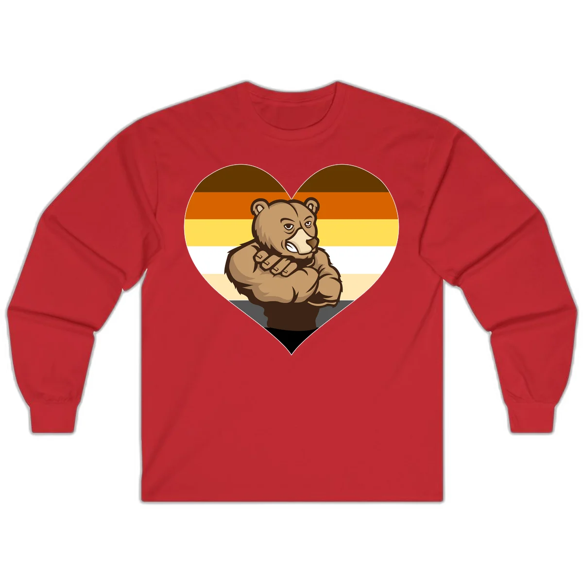 Muscular cartoon bear centered in heart shape with brown, orange, yellow, white, and tan horizontal stripes representing the bear pride flag in Red