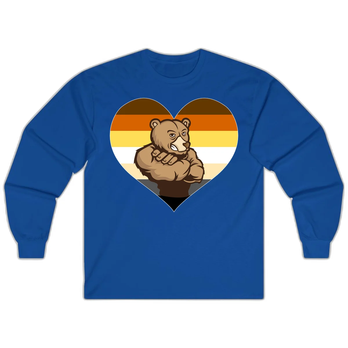 Muscular cartoon bear centered in heart shape with brown, orange, yellow, white, and tan horizontal stripes representing the bear pride flag in Royal